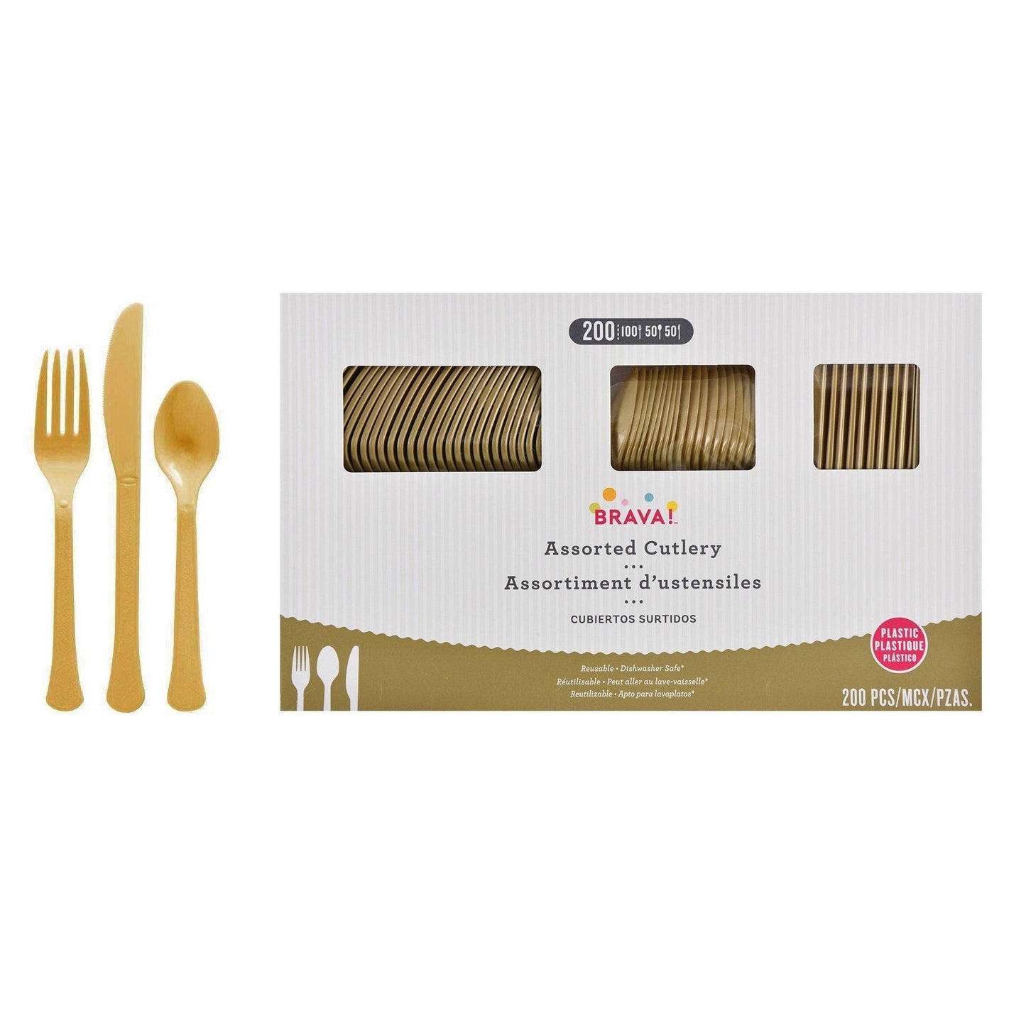 variant-Gold Plastic Cutlery Set for 50 Guests, 200ct-972184