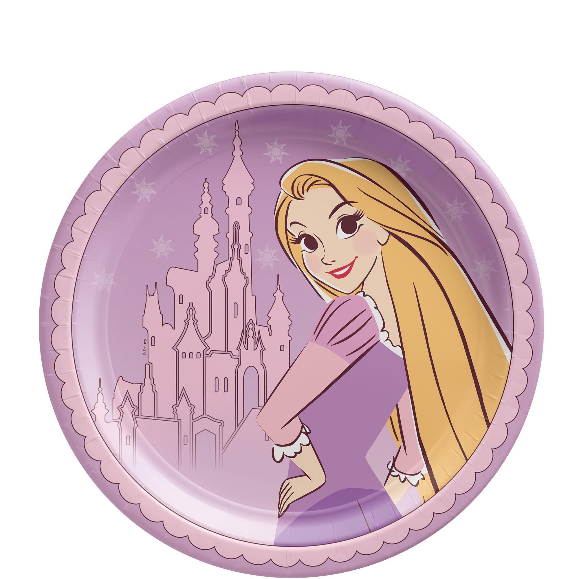 Disney Princess Rapunzel on a purple plate with a castle in the background.