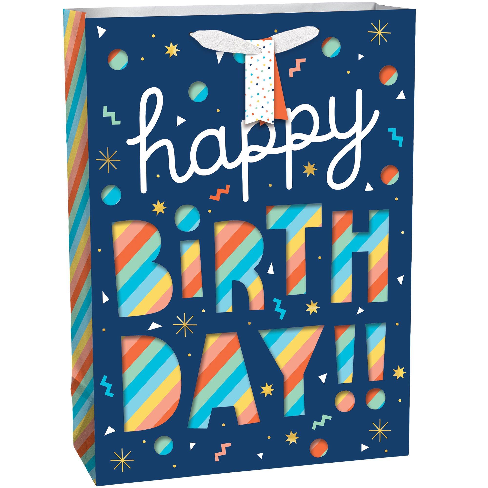 Colorful birthday gift bag with 'Happy Birthday!' text on a blue background