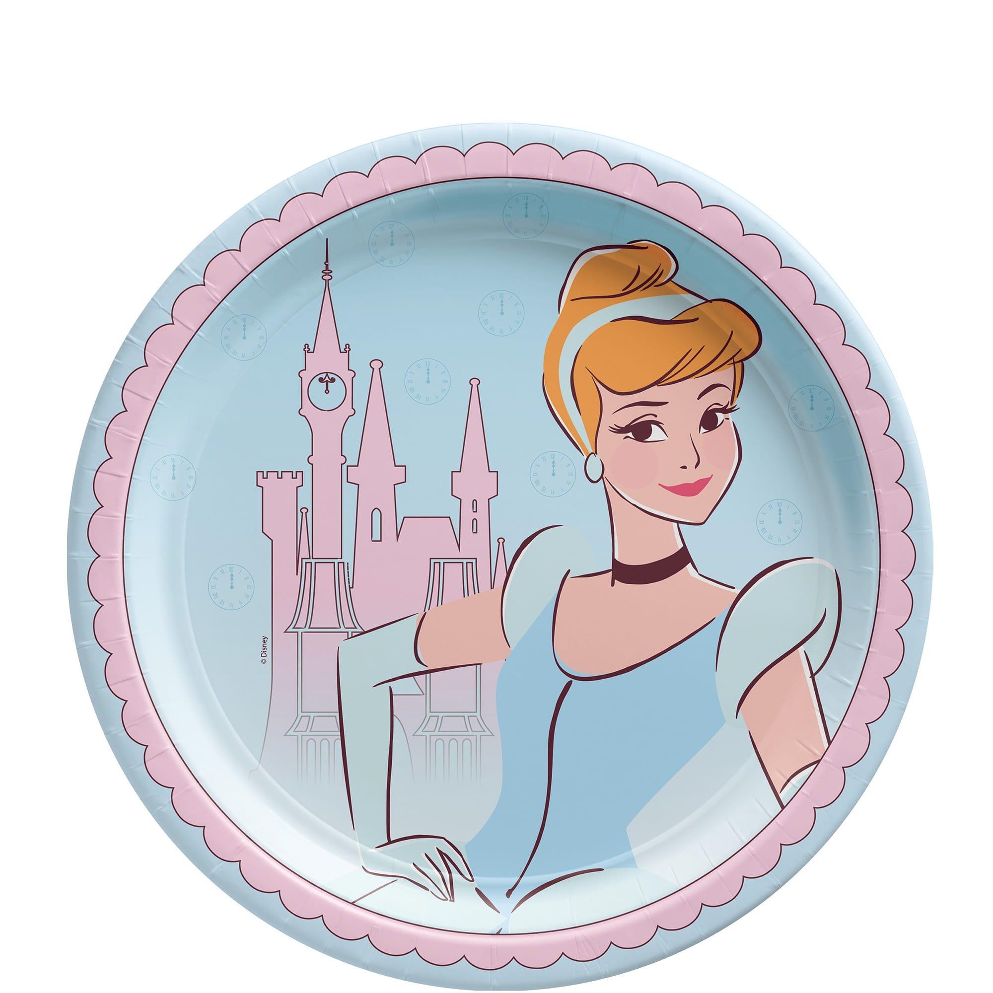 Round plate with Cinderella design featuring a castle and princess.