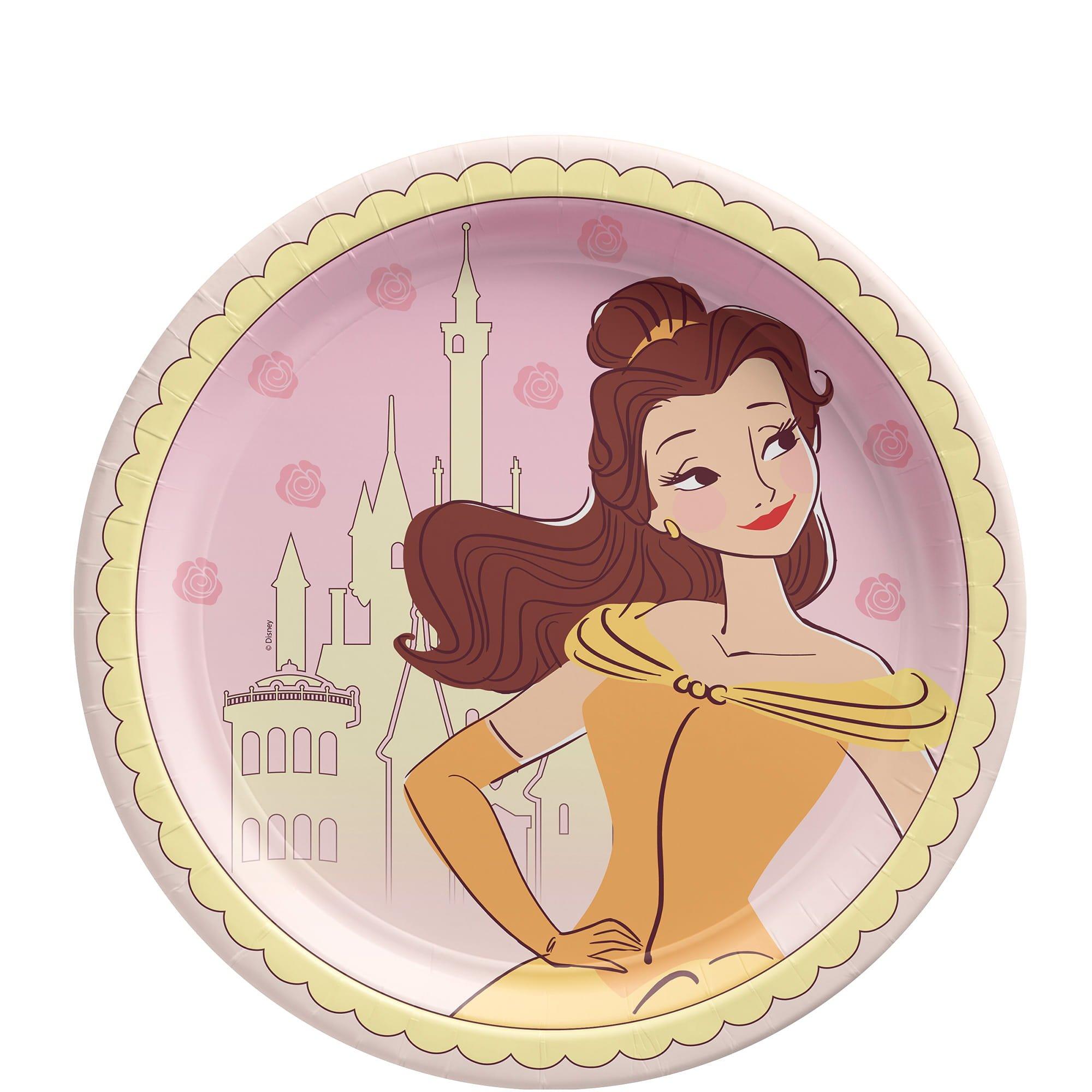 Round plate with a cartoon character of a princess in a yellow dress and castle in the background on a pink background.