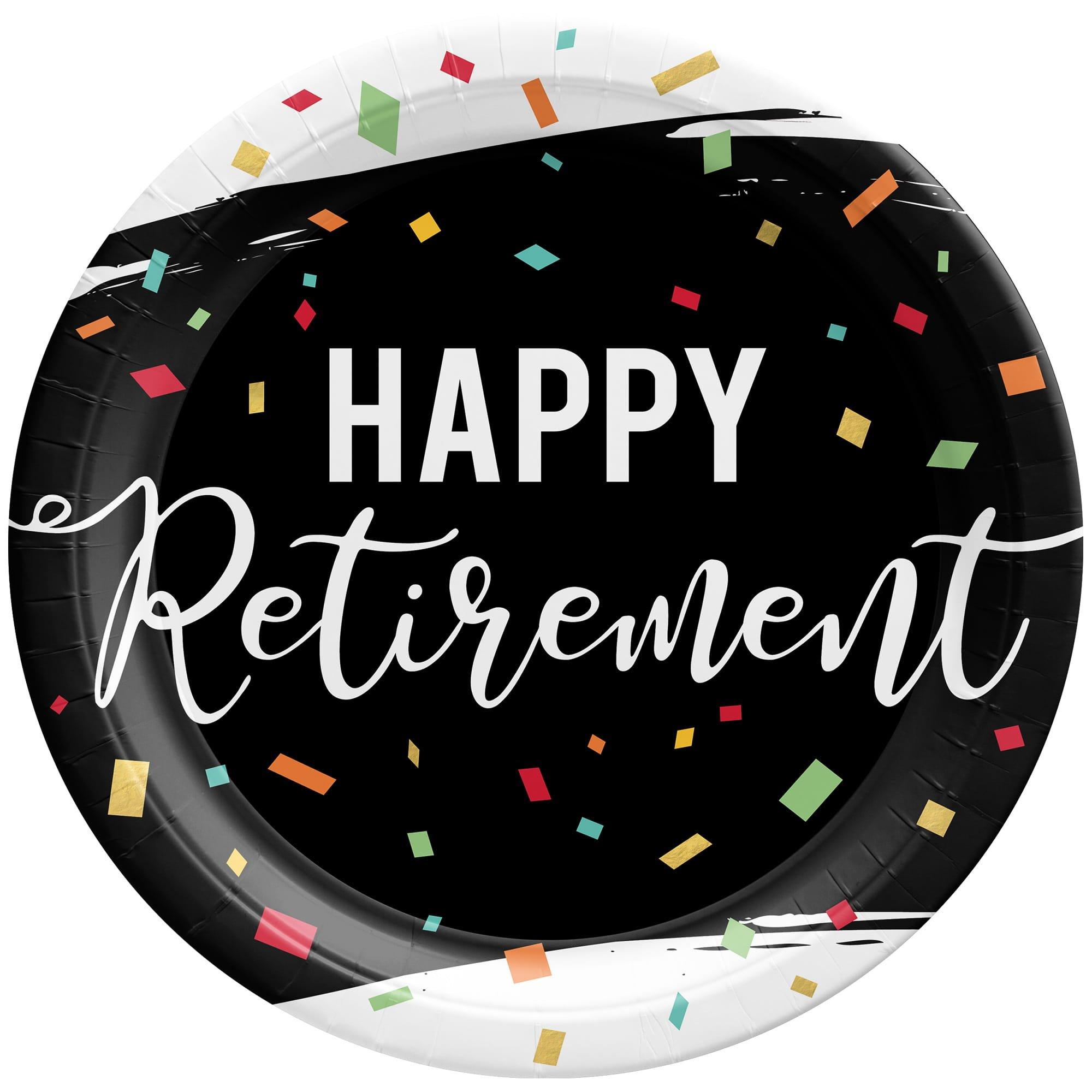 Happy Retirement on a black and white paper plate with multi colored confetti