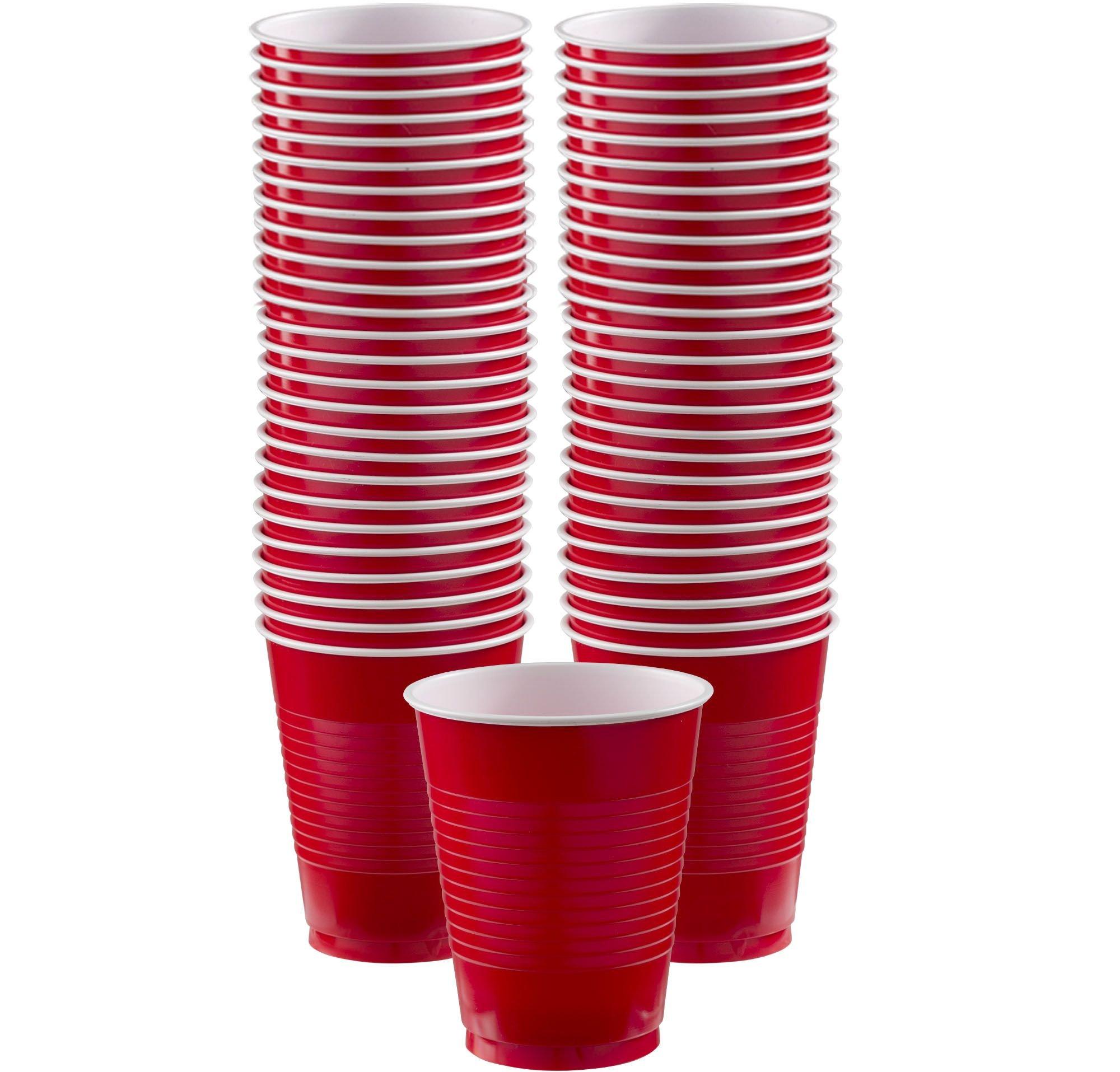 Stacks of red plastic cups on a white background
