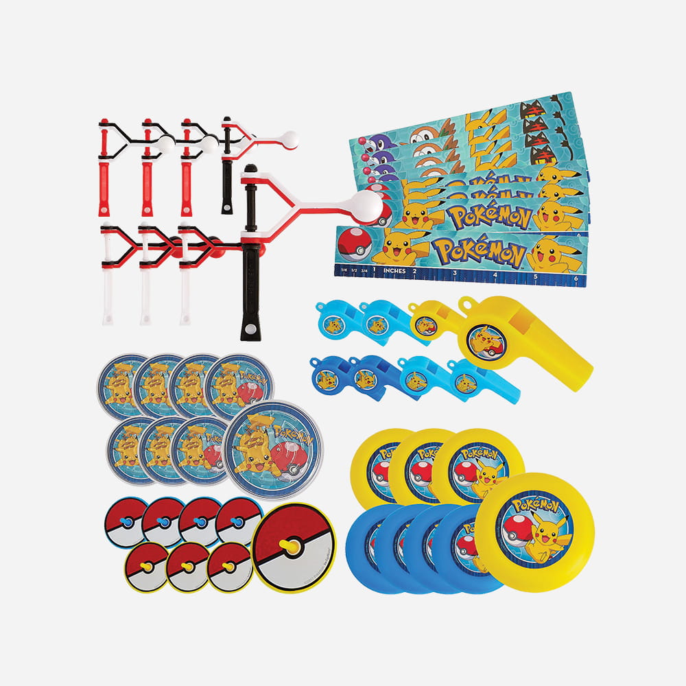 A collection of 48 Pokémon-themed party favors for eight guests, including whistles, flying discs, spinning tops, and activity sheets arranged on a white background.