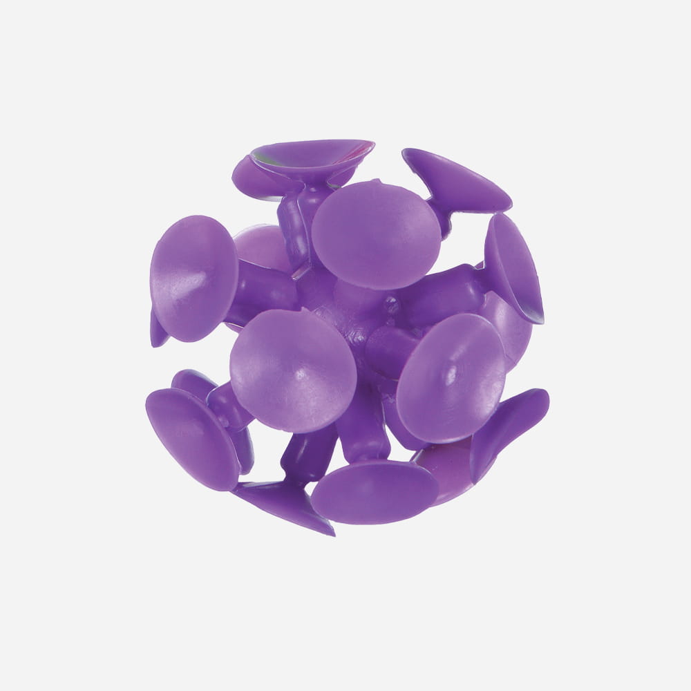 A purple spherical toy featuring multiple small suction cups extending from a central core.
