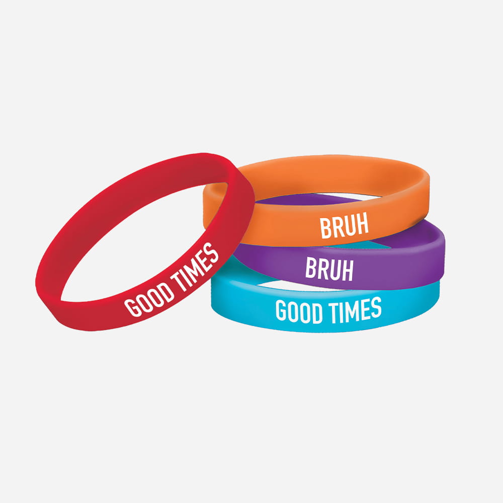 A stack of four colorful silicone wristbands in red, orange, purple, and blue featuring the printed phrases "GOOD TIMES" and "BRUH.