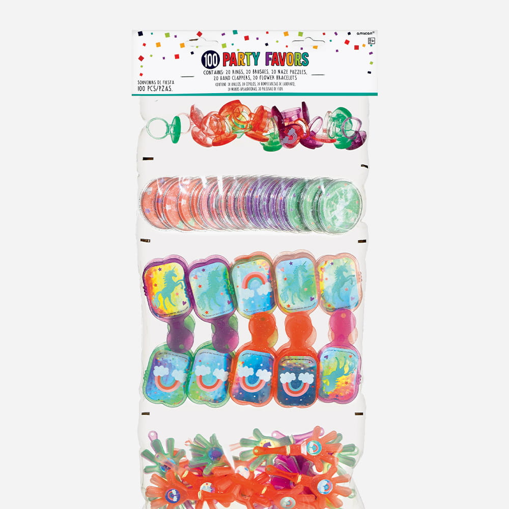 A large variety pack of 100 colorful plastic party favors including rings, maze puzzles, hairbrushes, and hand clappers packaged in a clear plastic sleeve.