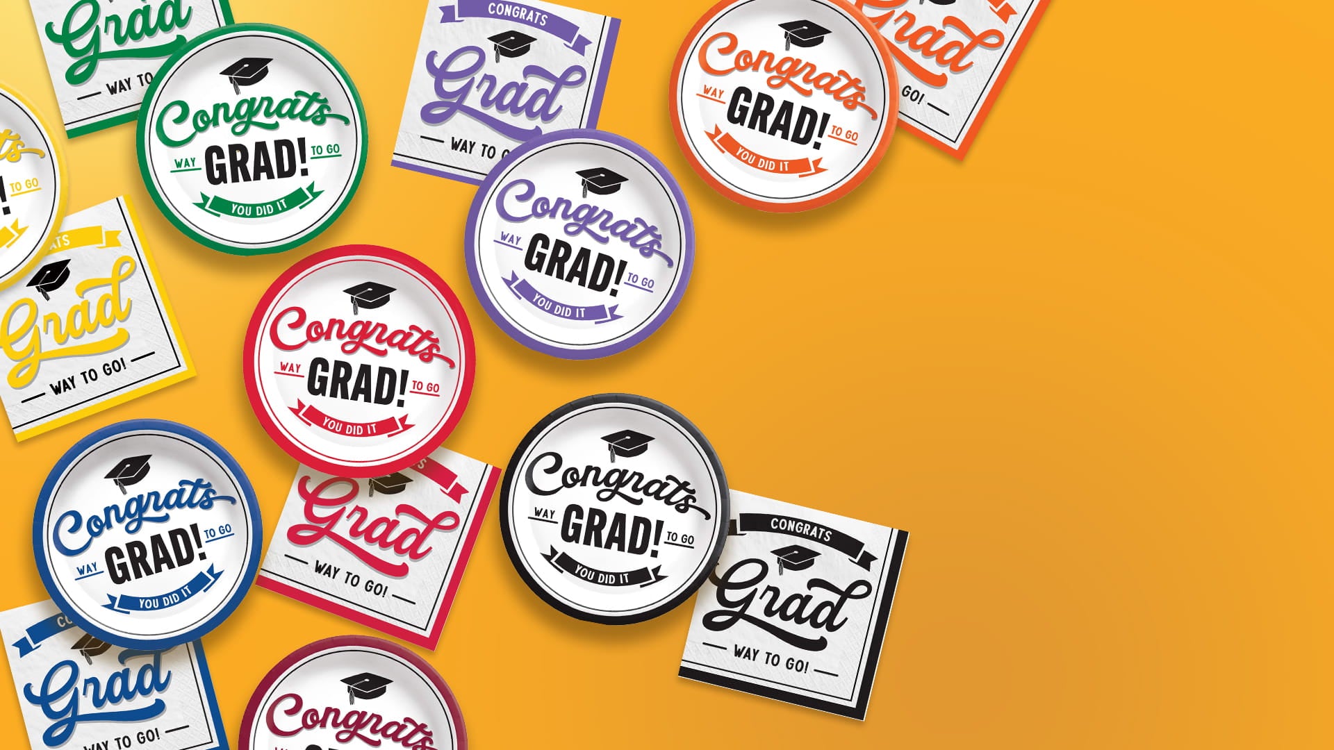 Colorful graduation-themed paper plates and napkins with "Congrats Grad!" text are scattered across a vibrant yellow background.