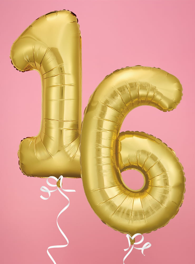 Two gold metallic foil balloons in the shape of the number sixteen float against a solid pink background.